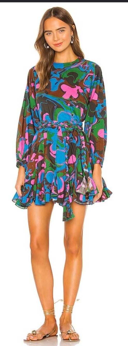 RHODE Ella Mini Dress with Braided Belt in Multi Marble Print